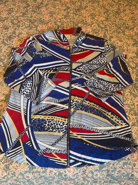 Weekends By Chicos/Colorblock Full Zip-Front Top in Blue, Red & Yellow/Size 3